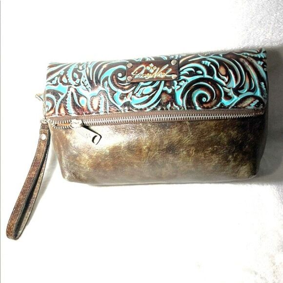 Patricia Nash Valerie Turquoise and Brown Fold Over Wristlet Clutch - Picture 1 of 12